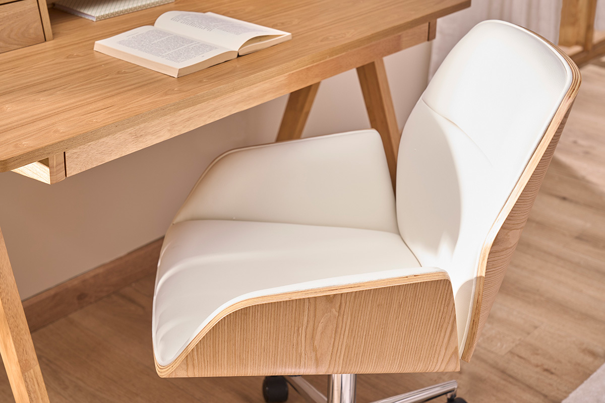 Chaise de bureau  roulettes design blanc, bois clair et acier chrom  MARLOW