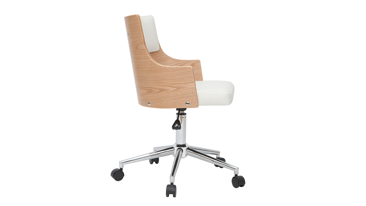 Chaise de bureau  roulettes design blanc, bois clair et acier chrom MAYOL