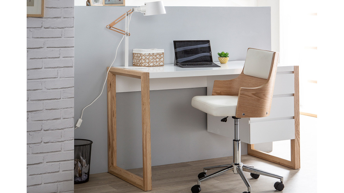 Chaise de bureau  roulettes design blanc, bois clair et acier chrom MAYOL