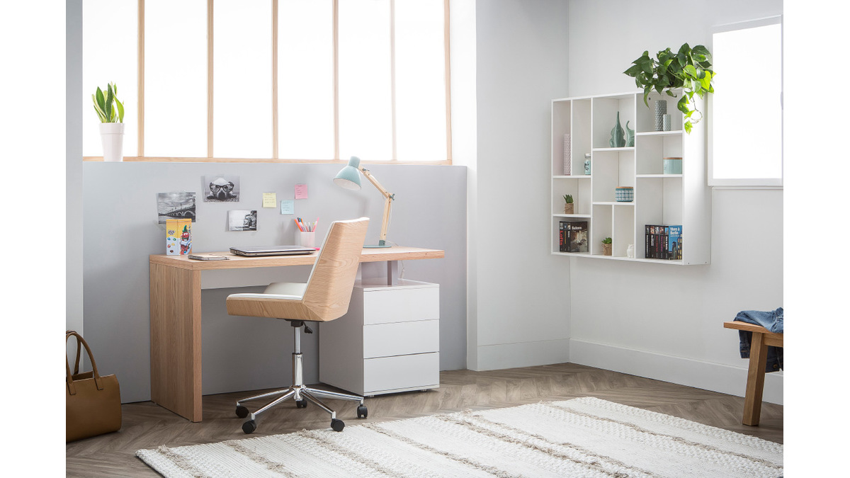 Chaise de bureau  roulettes design blanc, bois clair et acier chrom MELKIOR