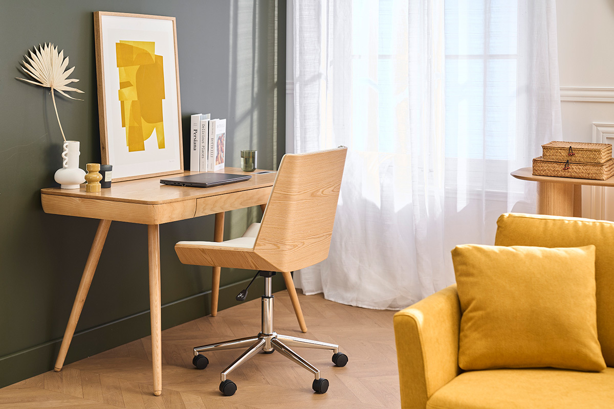 Chaise de bureau � roulettes design blanc, bois clair et acier chrom� MELKIOR