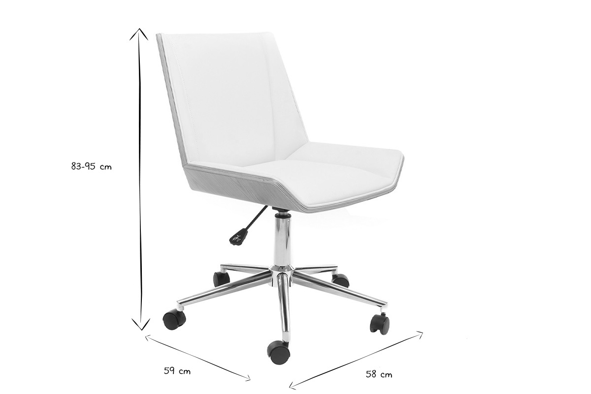 Chaise de bureau � roulettes design blanc, bois clair et acier chrom� MELKIOR