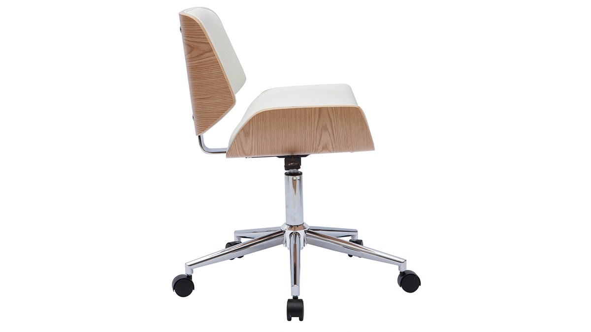 Chaise de bureau  roulettes design blanc, bois clair et acier chrom RUBBENS
