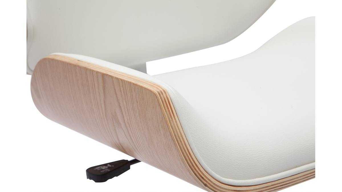 Chaise de bureau  roulettes design blanc, bois clair et acier chrom RUBBENS