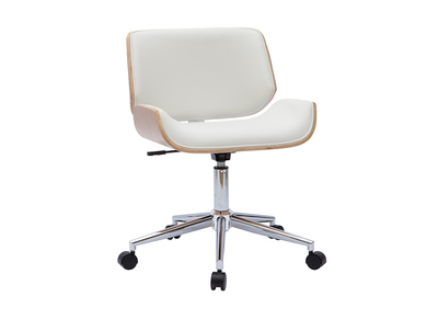 Chaise de bureau à roulettes design blanc, bois clair et acier chromé RUBBENS