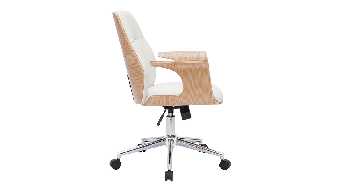 Chaise de bureau  roulettes design blanc, bois clair et acier chrom RUFIN