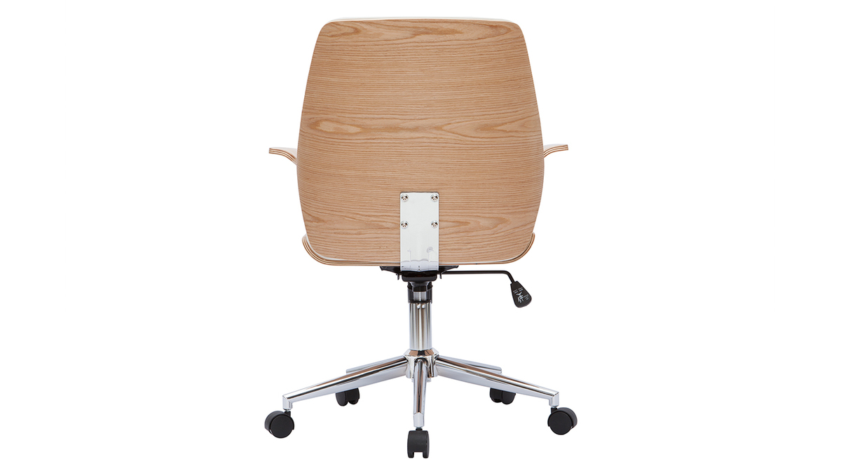 Chaise de bureau  roulettes design blanc, bois clair et acier chrom RUFIN