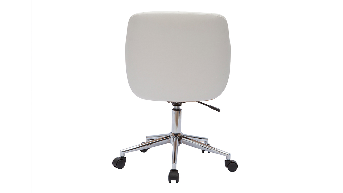 Chaise de bureau  roulettes design blanc, bois clair et acier chrom SANDRO
