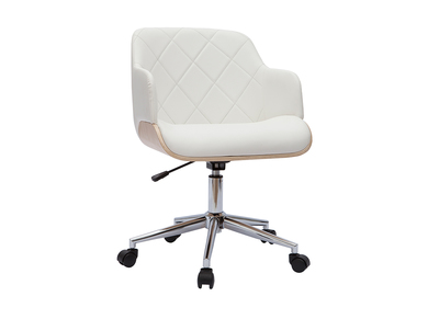 Chaise de bureau à roulettes design blanc, bois clair et acier chromé SANDRO
