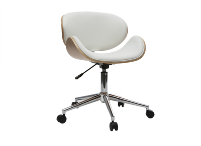 Chaise de bureau à roulettes design blanc, bois clair et acier chromé WALNUT