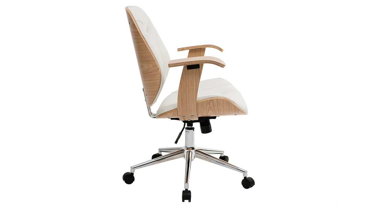 Chaise de bureau à roulettes design blanc, bois clair et acier chromé YORKE