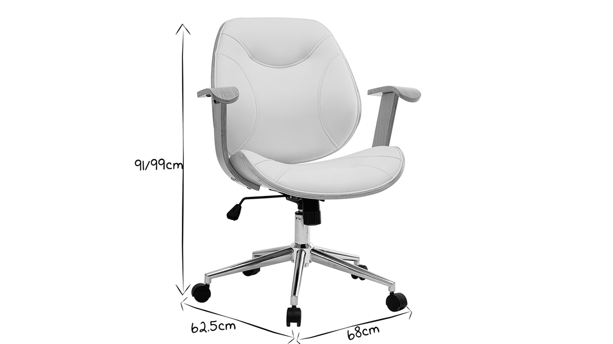 Chaise de bureau  roulettes design blanc, bois clair et acier chrom YORKE