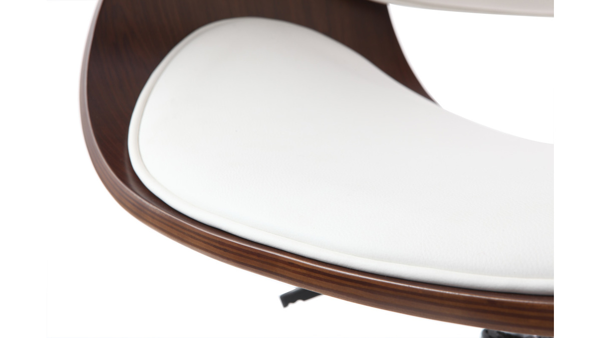 Chaise de bureau à roulettes design blanc, bois foncé noyer et acier chromé BENT