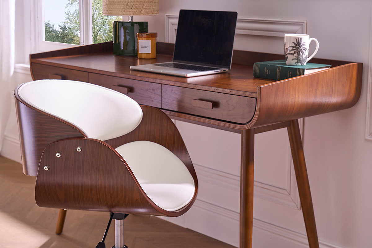 Chaise de bureau  roulettes design blanc, bois fonc noyer et acier chrom BENT