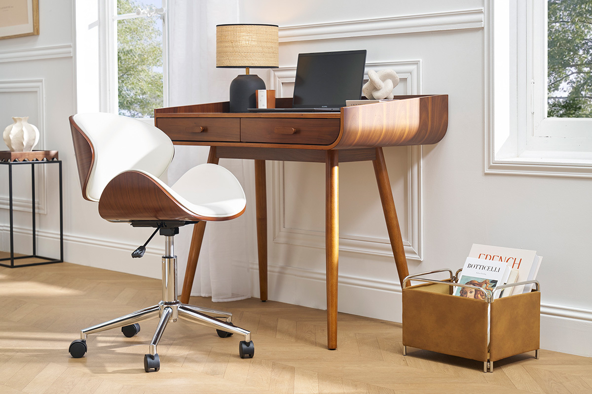 Chaise de bureau � roulettes design blanc, bois fonc� noyer et acier chrom� WALNUT