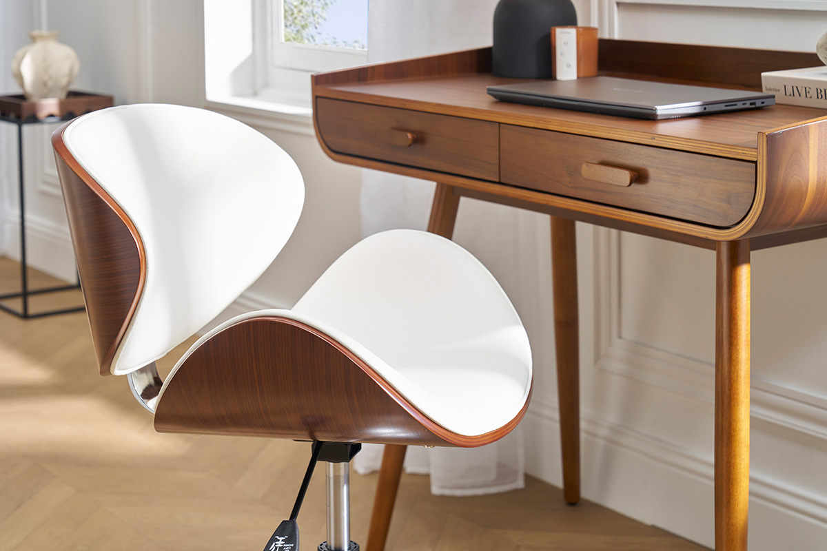 Chaise de bureau � roulettes design blanc, bois fonc� noyer et acier chrom� WALNUT