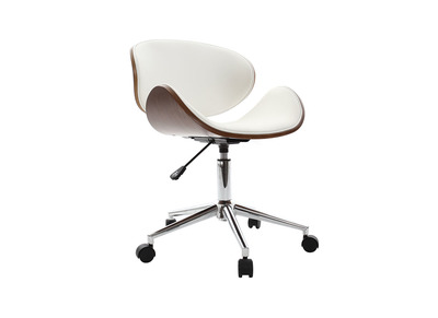 Chaise de bureau à roulettes design blanc, bois foncé noyer et acier chromé WALNUT
