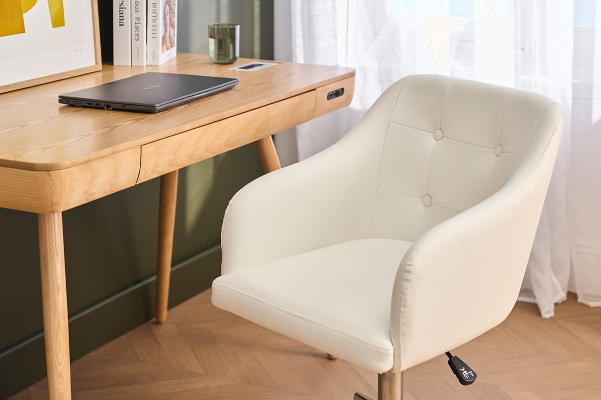 Chaise de bureau � roulettes design blanc et acier chrom� BALTIK