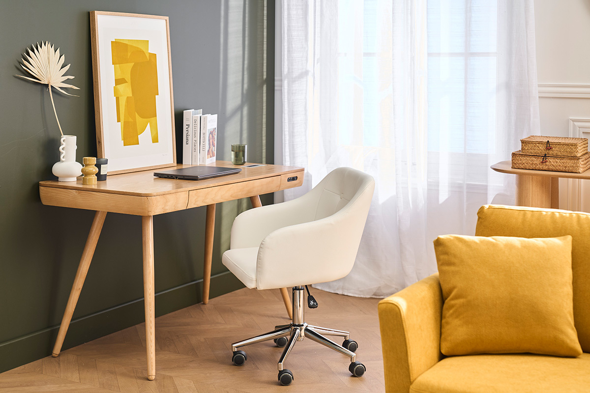 Chaise de bureau � roulettes design blanc et acier chrom� BALTIK