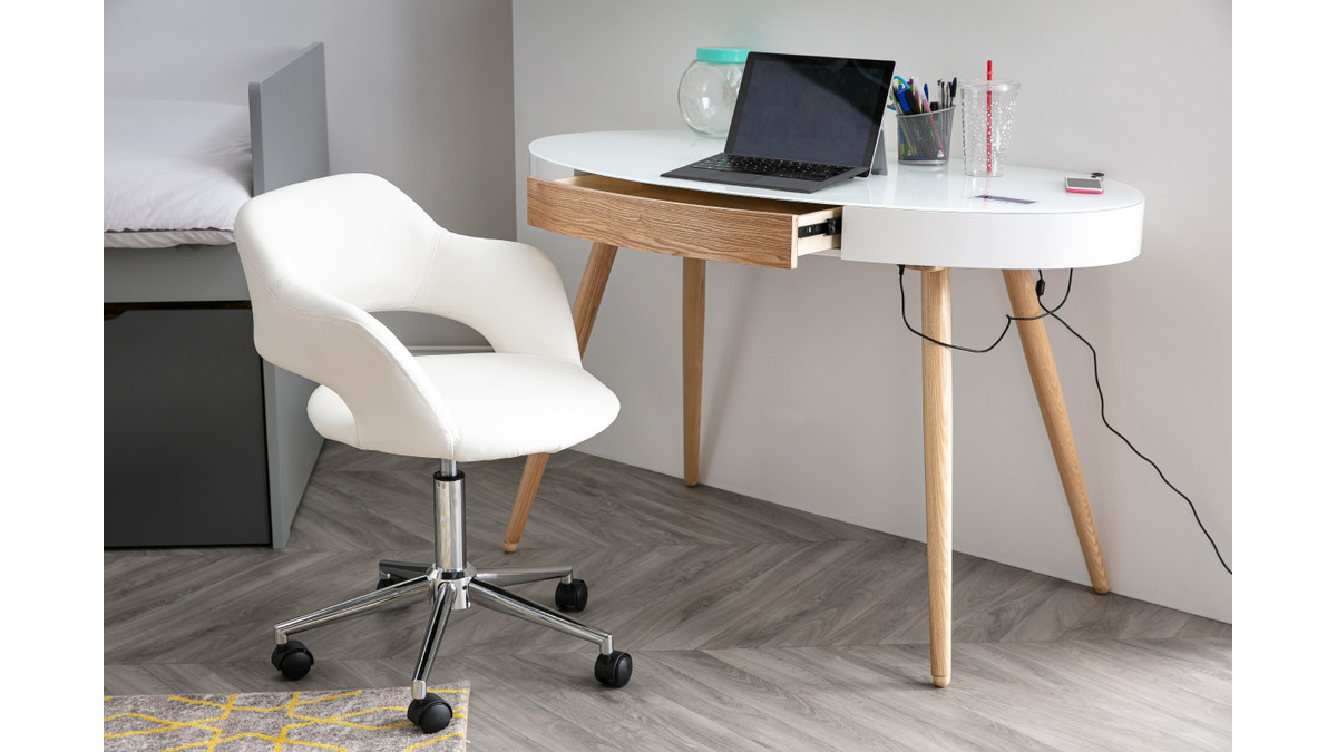 Chaise de bureau  roulettes design blanc et acier chrom JESSY