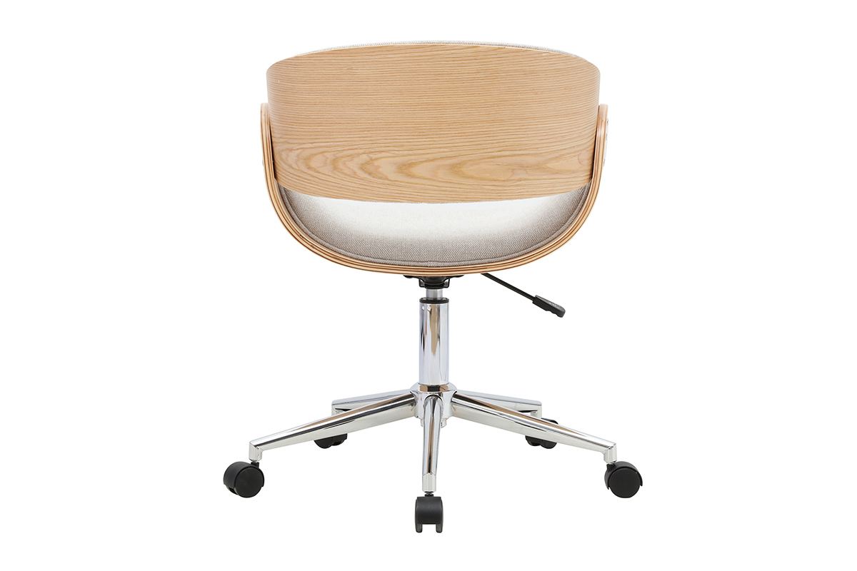 Chaise de bureau � roulettes design en tissu effet velours textur� beige, bois clair et acier chrom� BENT