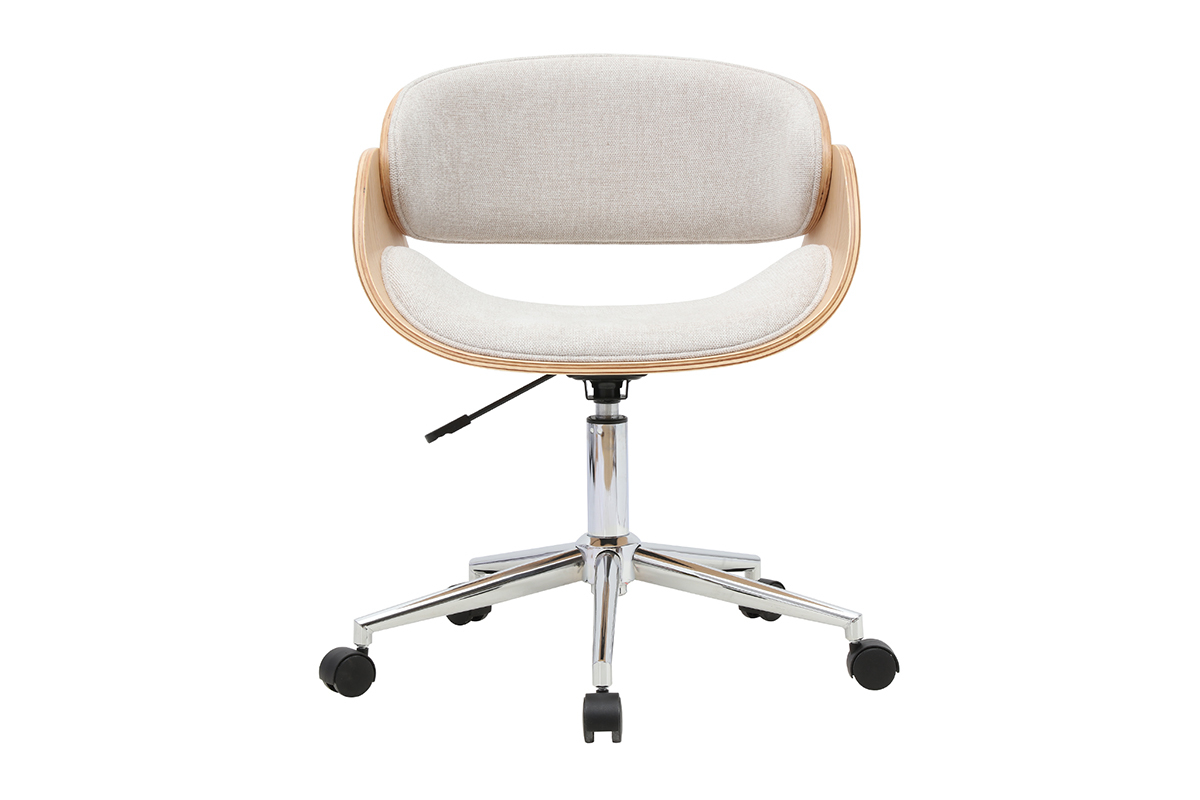 Chaise de bureau � roulettes design en tissu effet velours textur� beige, bois clair et acier chrom� BENT