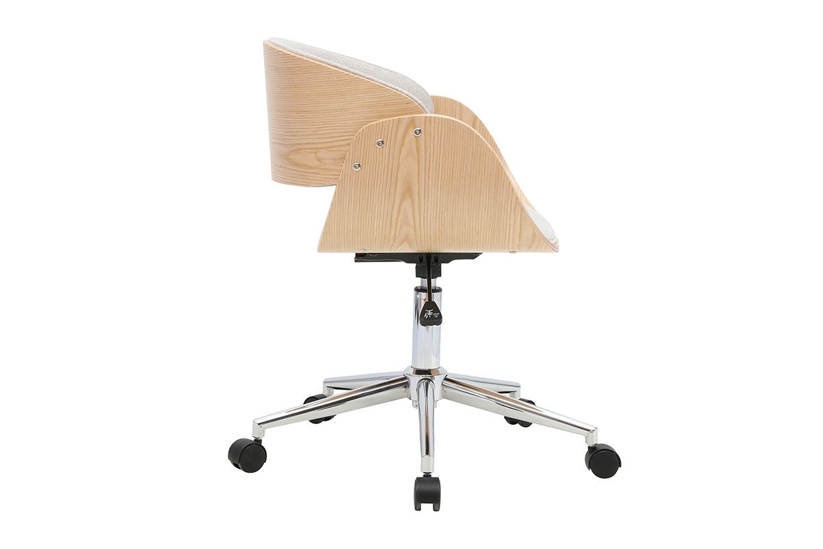 Chaise de bureau � roulettes design en tissu effet velours textur� beige, bois clair et acier chrom� BENT