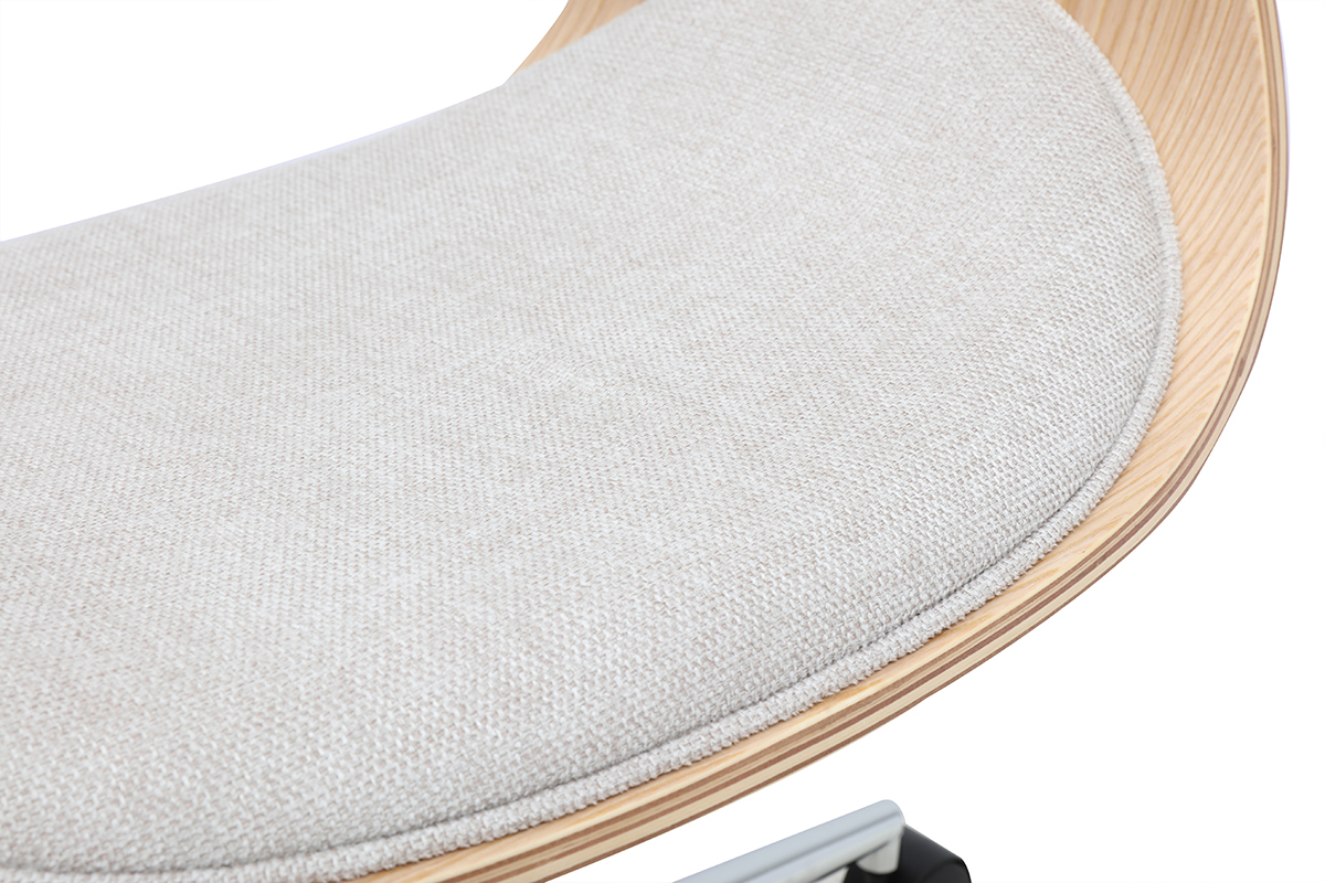 Chaise de bureau � roulettes design en tissu effet velours textur� beige, bois clair et acier chrom� BENT