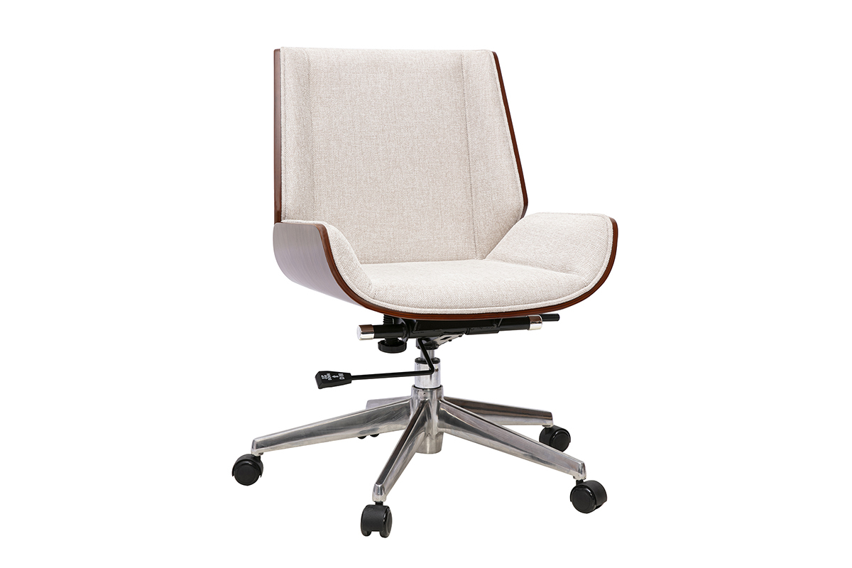 Chaise de bureau � roulettes design en tissu effet velours textur� beige, bois fonc� et acier chrom� CURVED