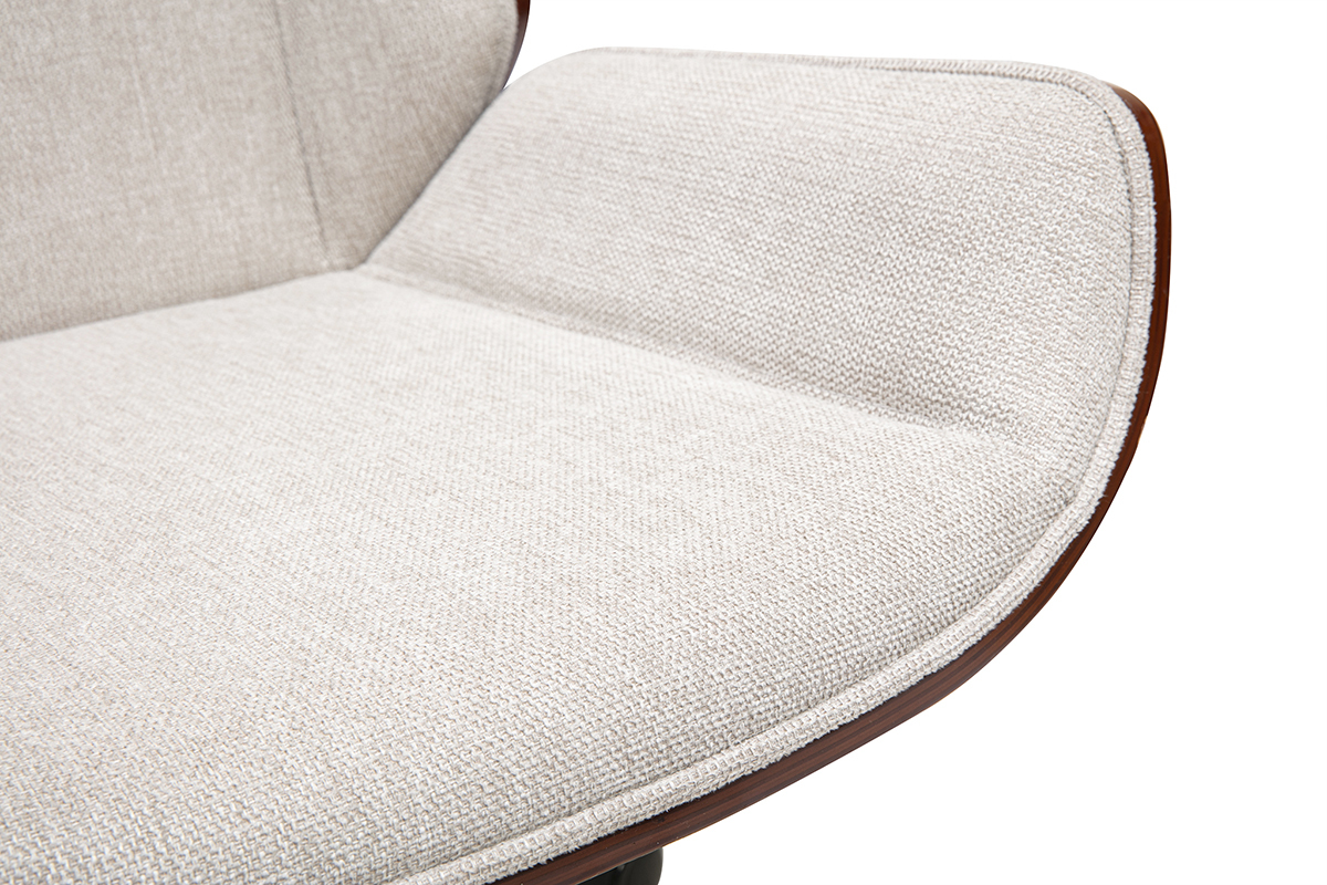 Chaise de bureau � roulettes design en tissu effet velours textur� beige, bois fonc� et acier chrom� CURVED