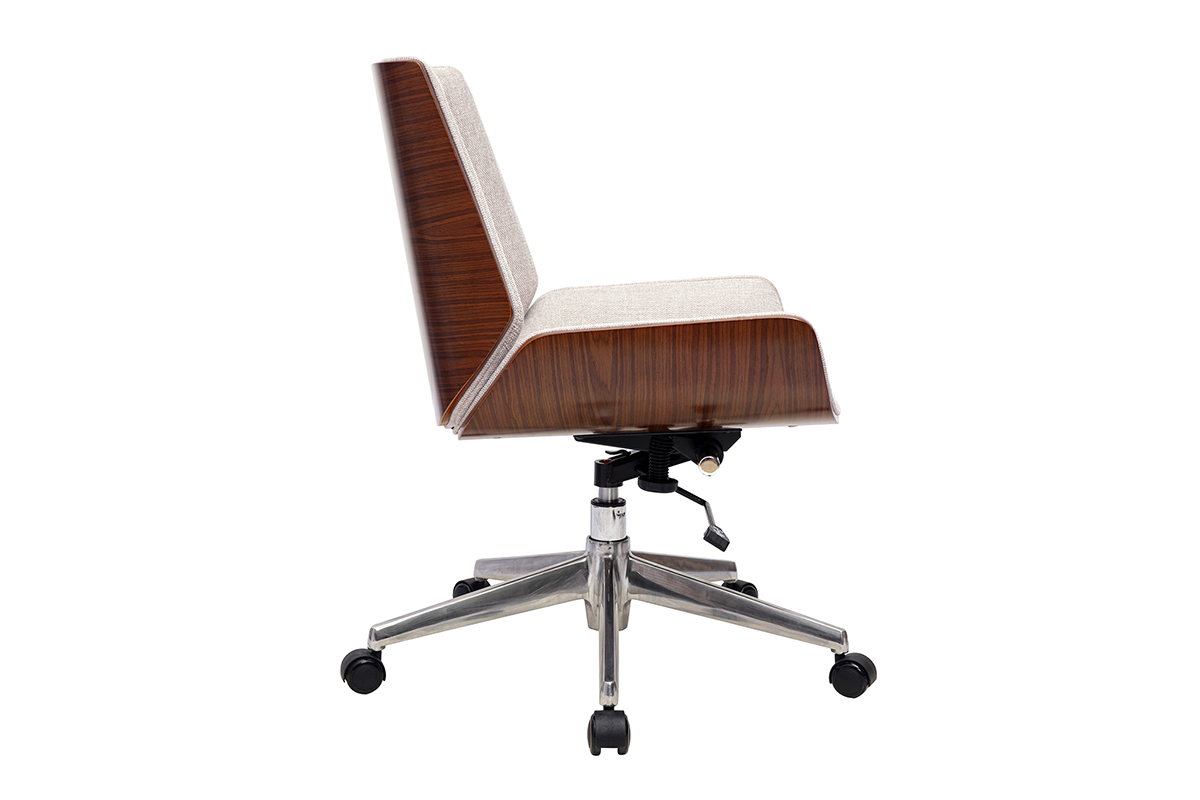 Chaise de bureau � roulettes design en tissu effet velours textur� beige, bois fonc� et acier chrom� CURVED