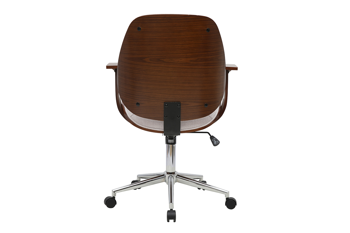 Chaise de bureau � roulettes design en tissu effet velours textur� beige, bois fonc� et acier chrom� YORKE