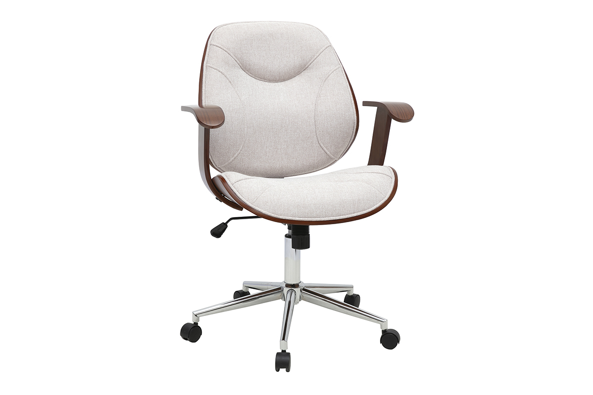 Chaise de bureau � roulettes design en tissu effet velours textur� beige, bois fonc� et acier chrom� YORKE
