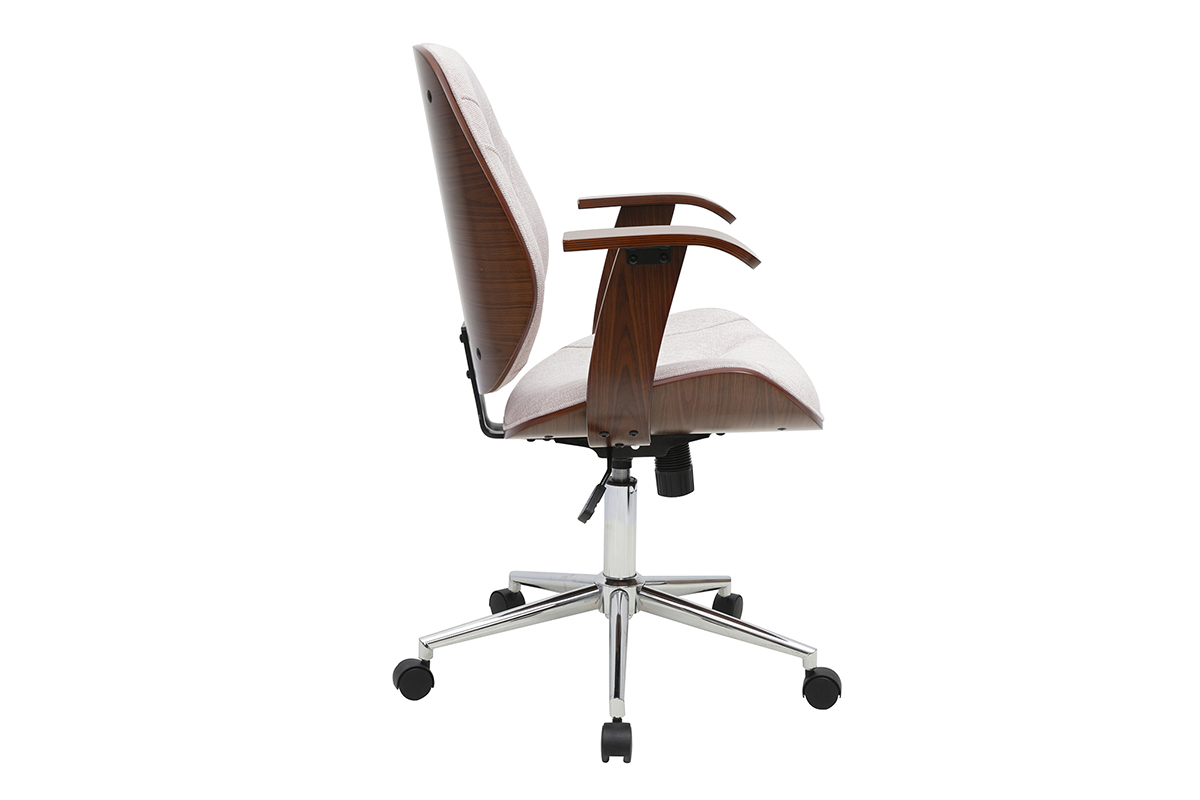 Chaise de bureau � roulettes design en tissu effet velours textur� beige, bois fonc� et acier chrom� YORKE