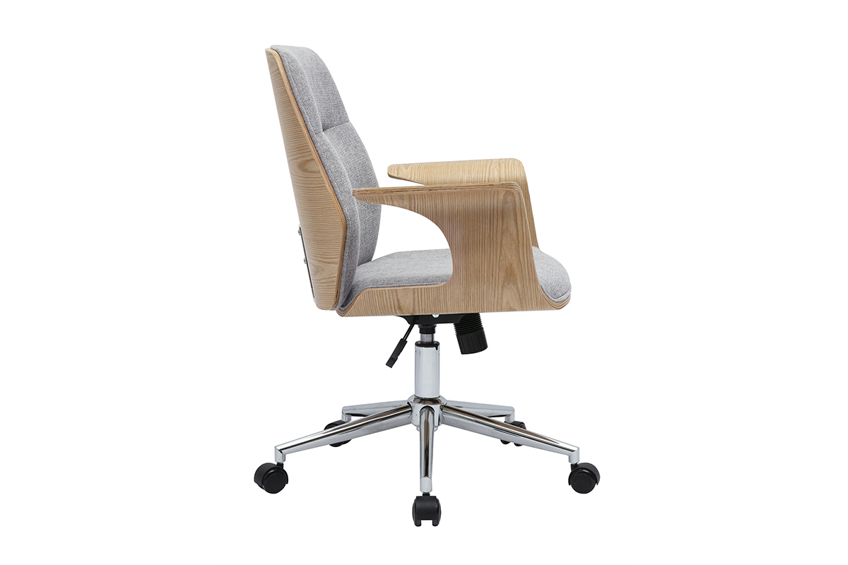 Chaise de bureau � roulettes design en tissu effet velours textur� gris, bois clair et acier chrom� RUFIN