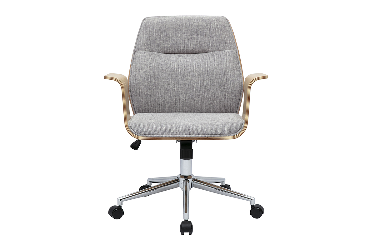 Chaise de bureau � roulettes design en tissu effet velours textur� gris, bois clair et acier chrom� RUFIN