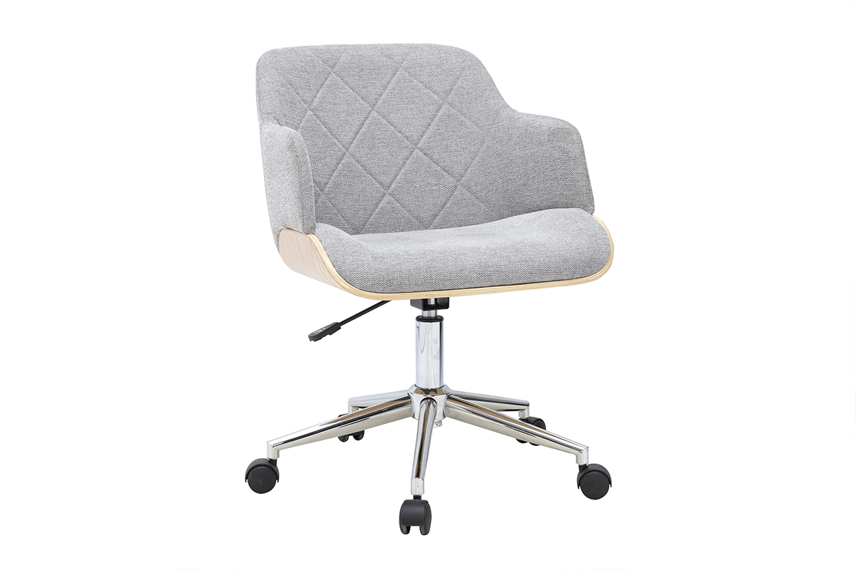 Chaise de bureau � roulettes design en tissu effet velours textur� gris, bois clair et acier chrom� SANDRO