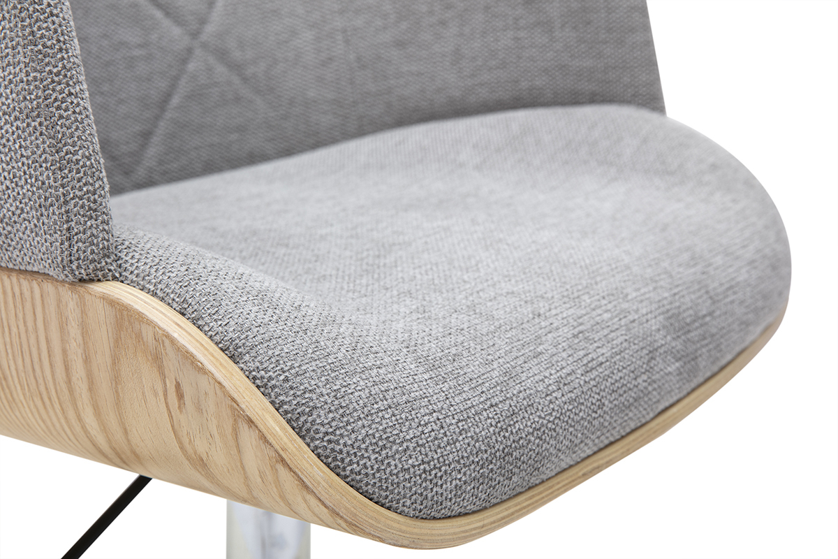 Chaise de bureau � roulettes design en tissu effet velours textur� gris, bois clair et acier chrom� SANDRO