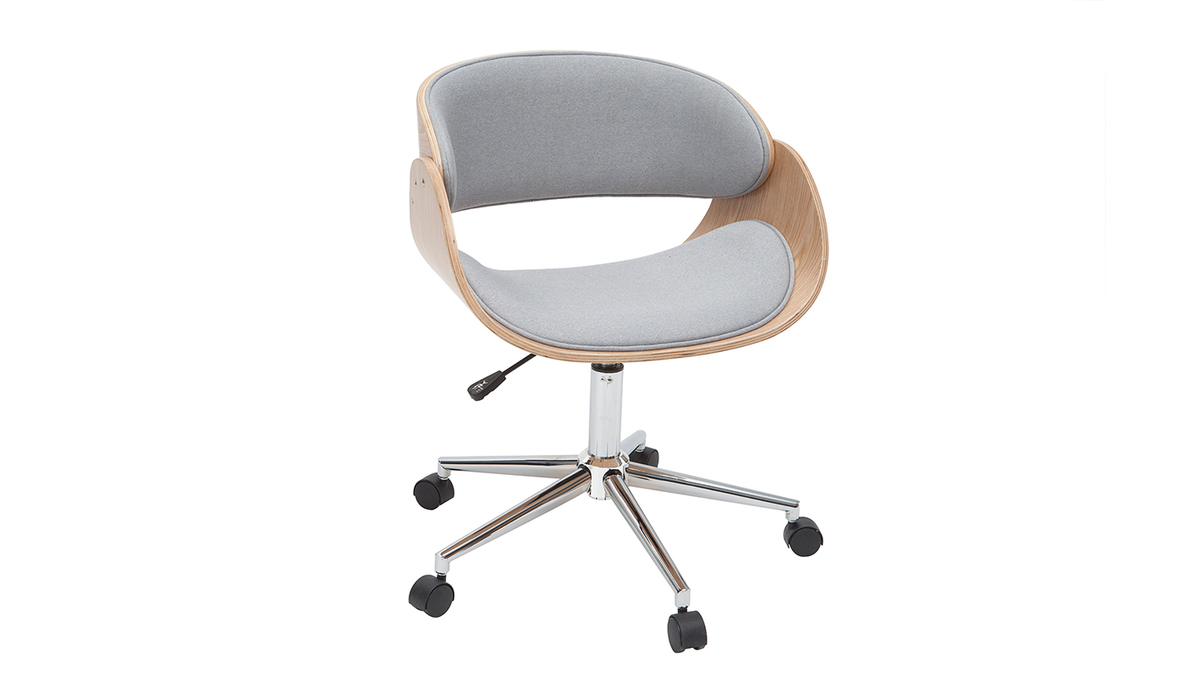 Chaise de bureau  roulettes design en tissu gris, bois clair et acier chrom BENT