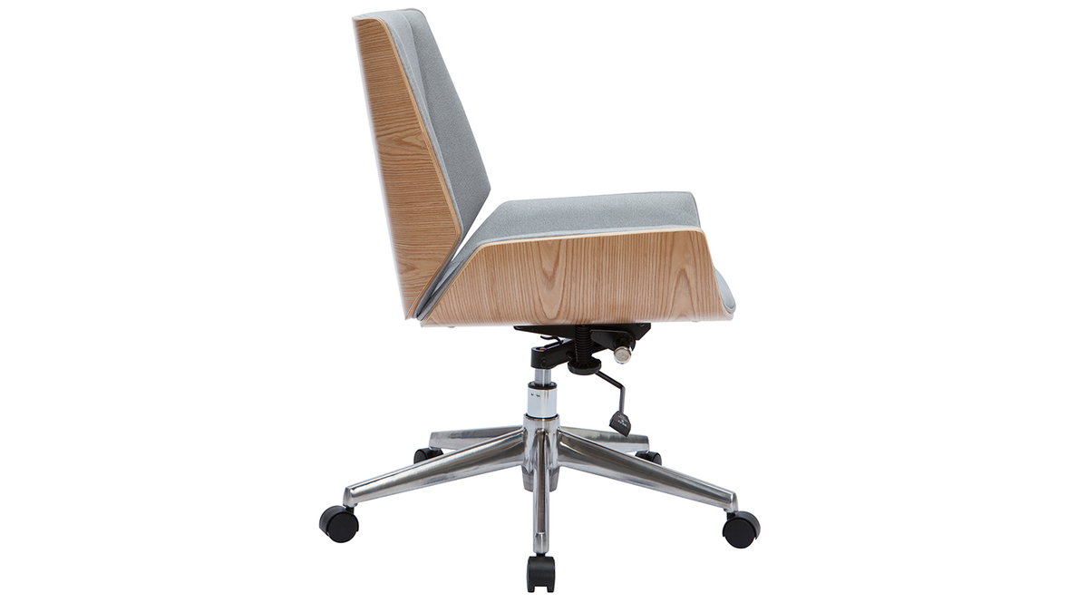 Chaise de bureau  roulettes design en tissu gris clair, bois clair et acier chrom CURVED