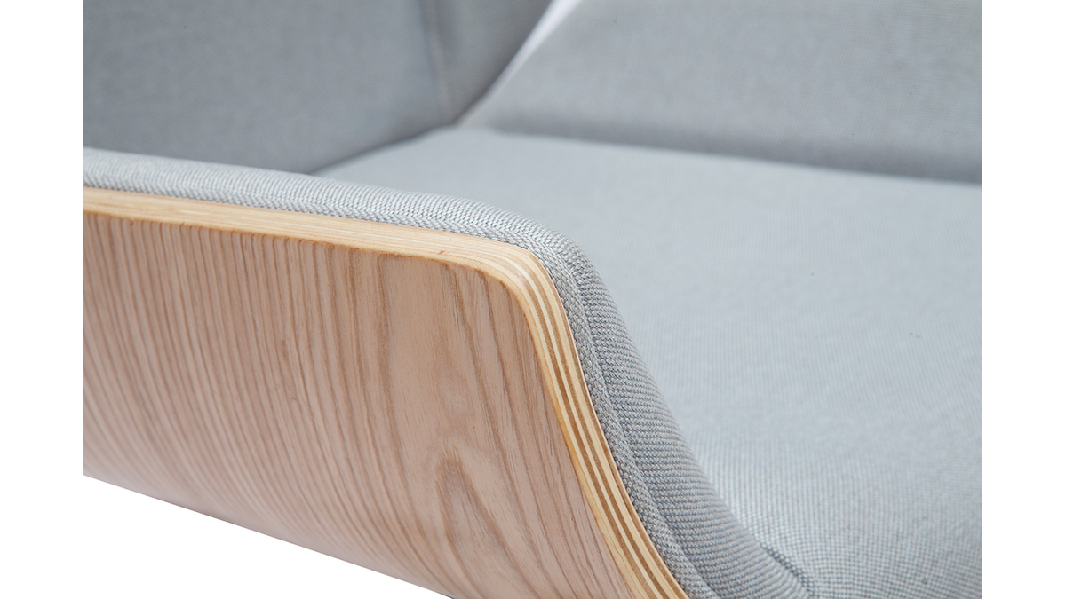 Chaise de bureau  roulettes design en tissu gris clair, bois clair et acier chrom CURVED