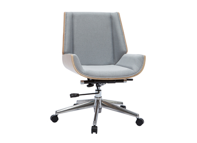 Chaise de bureau à roulettes design en tissu gris clair, bois clair et acier chromé CURVED
