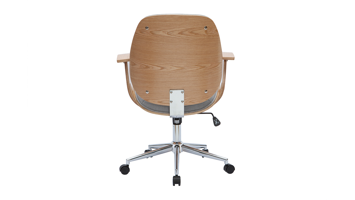 Chaise de bureau  roulettes design en tissu gris clair, bois clair et acier chrom YORKE
