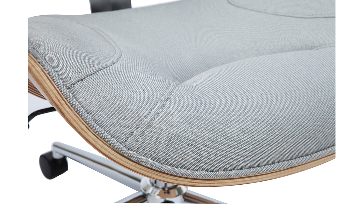 Chaise de bureau  roulettes design en tissu gris clair, bois clair et acier chrom YORKE