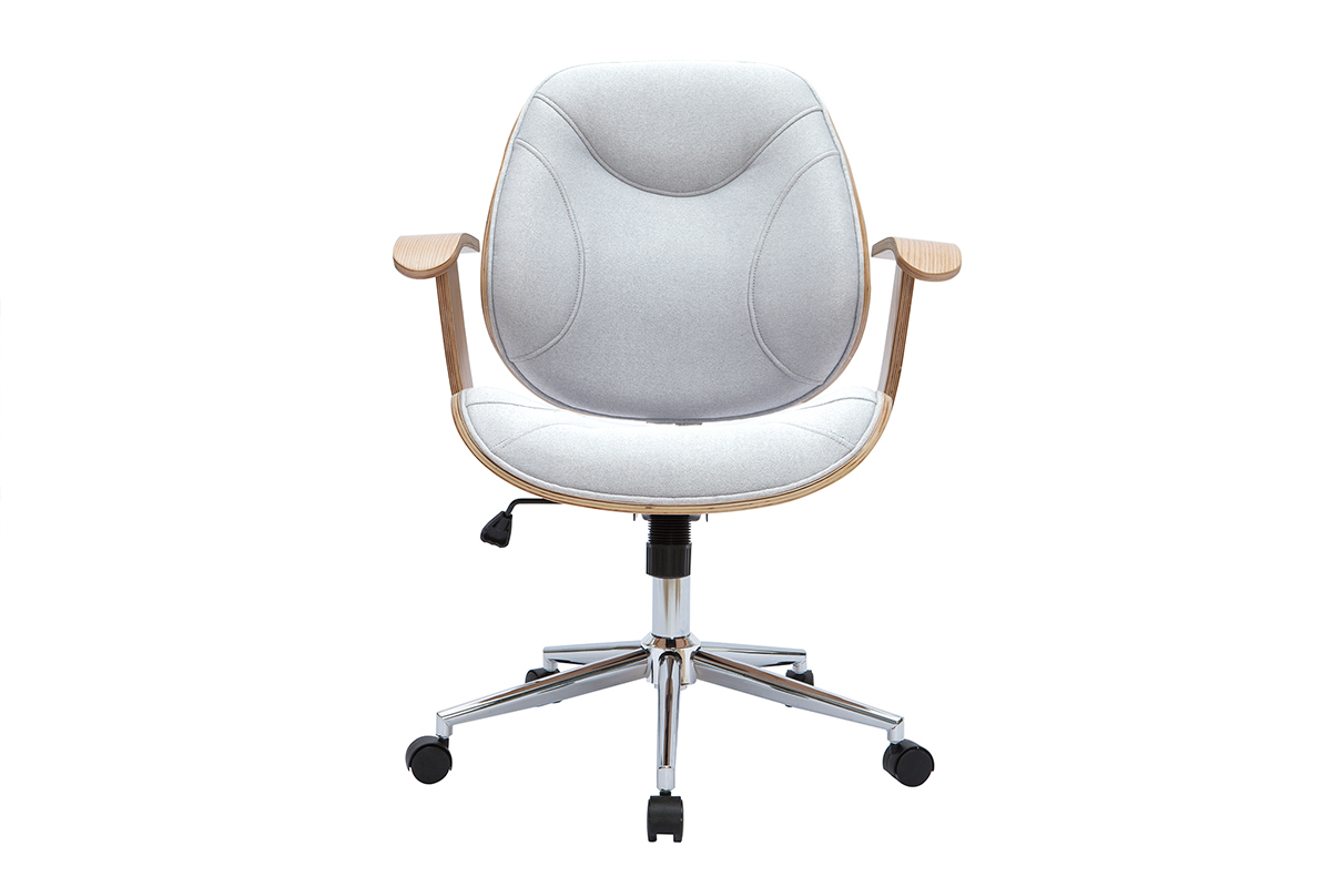 Chaise de bureau  roulettes design en tissu gris clair, bois clair et acier chrom YORKE