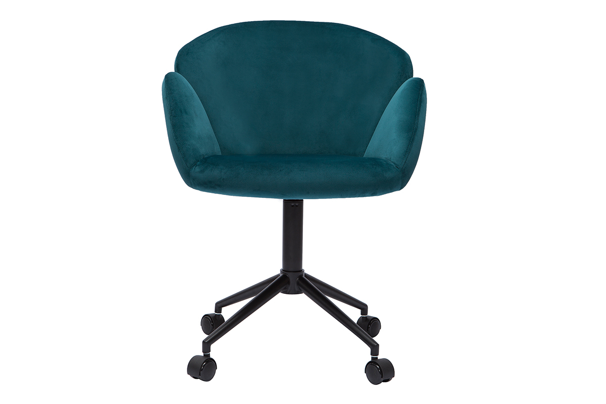 Chaise de bureau  roulettes design en tissu velours gaufr bleu canard et mtal noir RHAPSODY