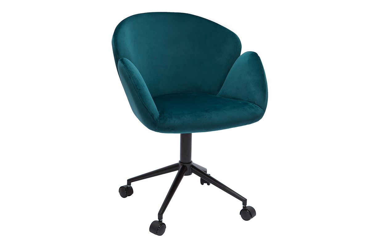 Chaise de bureau  roulettes design en tissu velours gaufr bleu canard et mtal noir RHAPSODY