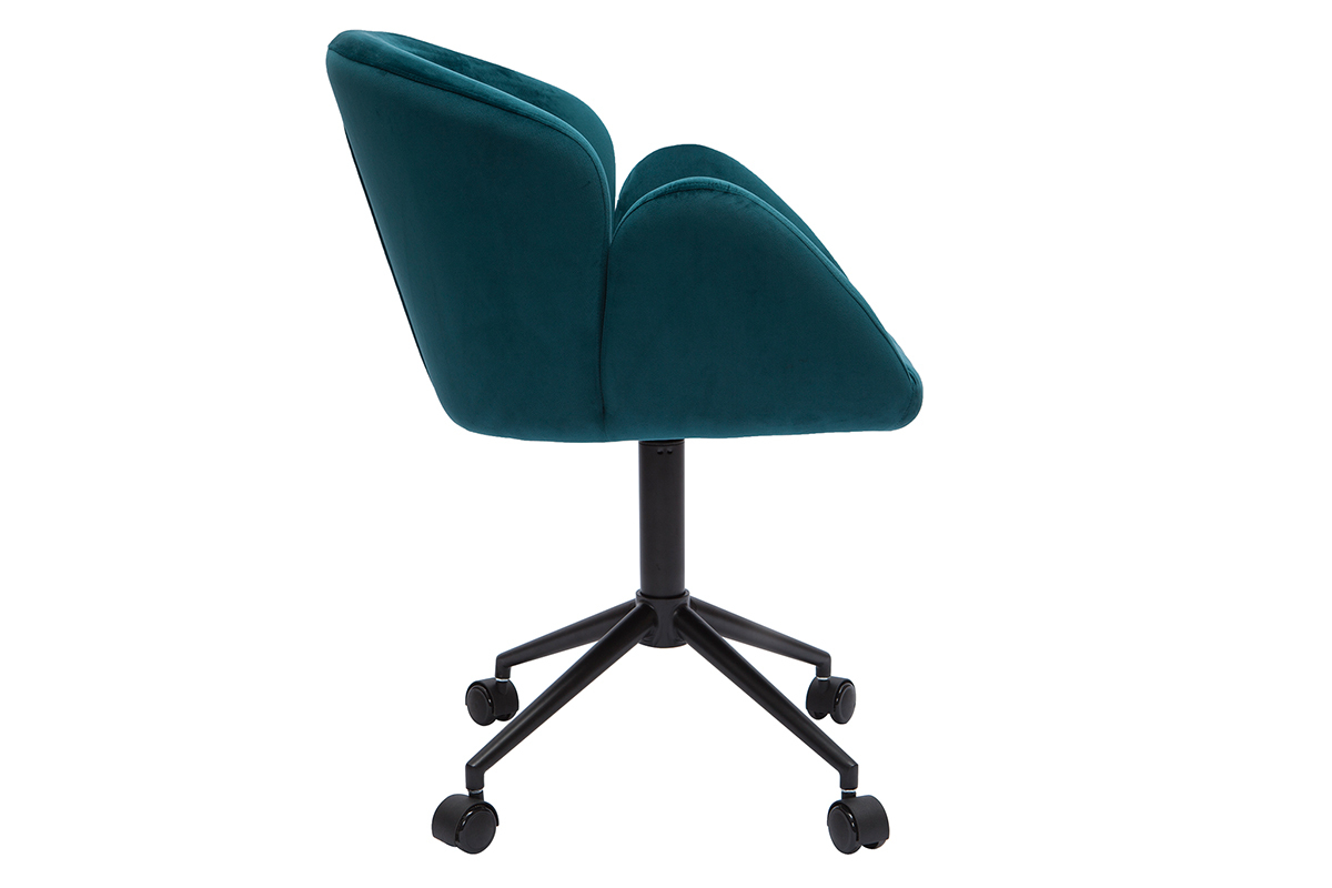 Chaise de bureau  roulettes design en tissu velours gaufr bleu canard et mtal noir RHAPSODY