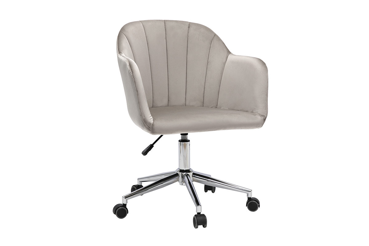 Chaise de bureau  roulettes design en tissu velours taupe et acier chrom MILLY