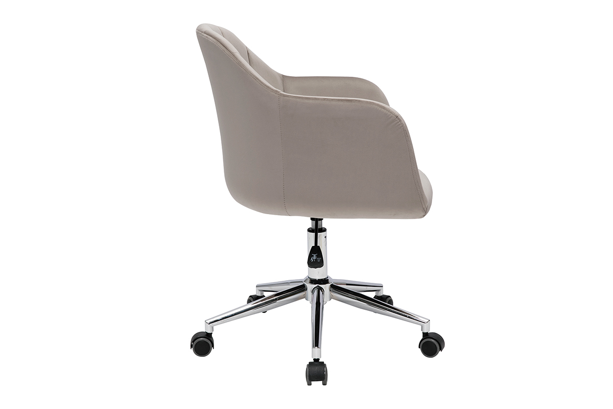 Chaise de bureau  roulettes design en tissu velours taupe et acier chrom MILLY